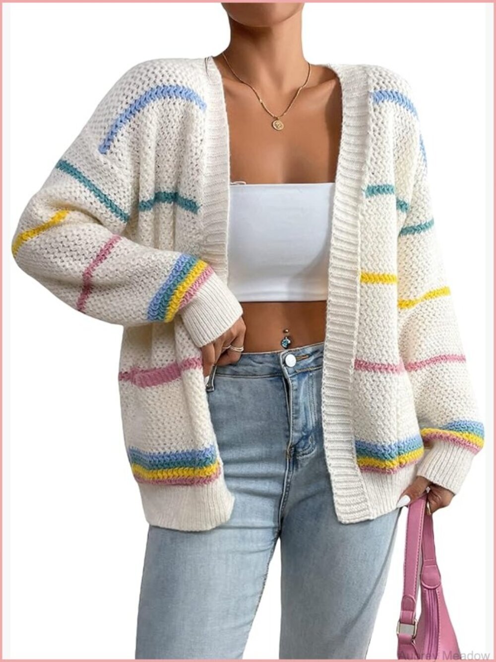 Oversized Open Front Striped Drop Shoulder Cardigan Sweater